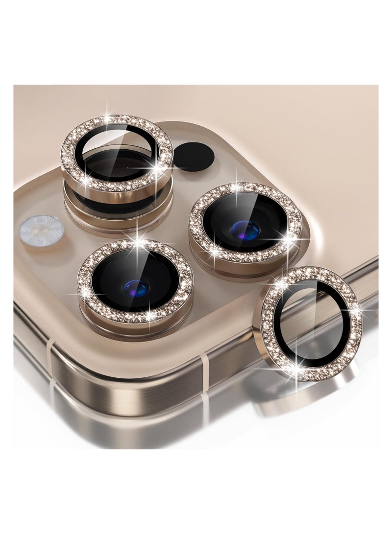 Compatible for iPhone 16 Pro/iPhone 16 Pro Max Camera Lens Protector Bling, 9H Tempered Glass Camera Cover Screen Protector Metal Ring Decoration Accessories(Glitter-Titanium Desert) - Image 1
