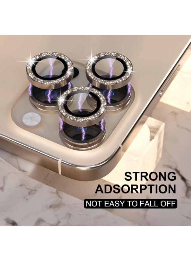 Compatible for iPhone 16 Pro/iPhone 16 Pro Max Camera Lens Protector Bling, 9H Tempered Glass Camera Cover Screen Protector Metal Ring Decoration Accessories(Glitter-Titanium Desert) - Image 3