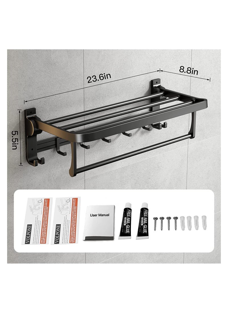 GGEROU - Foldable Towel Racks with 5 Sliding Towel Hooks, 24 Inch Wall Mounted Bathroom Towel Bar,Rustproof Aluminium Towel Shelf - Image 1