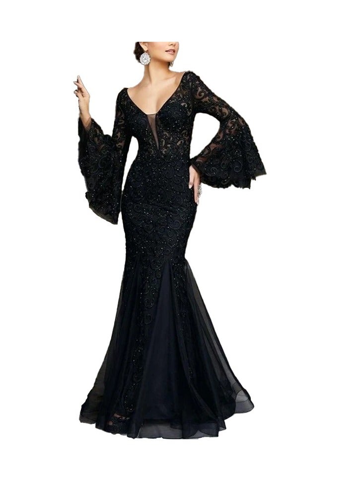 KUYING New Lace Embroidered Fishtail Black Slim Evening Gown 