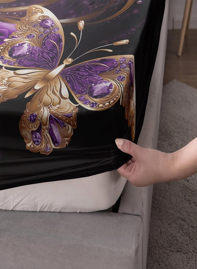 AILONEN Girls Rose Fitted Sheet Set Queen Size,Gold Purple Rose Butterfly Bed Sheet Set for Women,Modern Print Romantic Floral Fitted Sheet with 2 Pillowcases,3 Pieces - Image 4