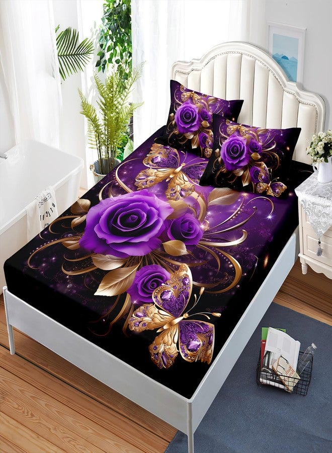 AILONEN Girls Rose Fitted Sheet Set Queen Size,Gold Purple Rose Butterfly Bed Sheet Set for Women,Modern Print Romantic Floral Fitted Sheet with 2 Pillowcases,3 Pieces - Image 3