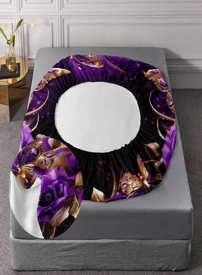 AILONEN Girls Rose Fitted Sheet Set Queen Size,Gold Purple Rose Butterfly Bed Sheet Set for Women,Modern Print Romantic Floral Fitted Sheet with 2 Pillowcases,3 Pieces - Image 5