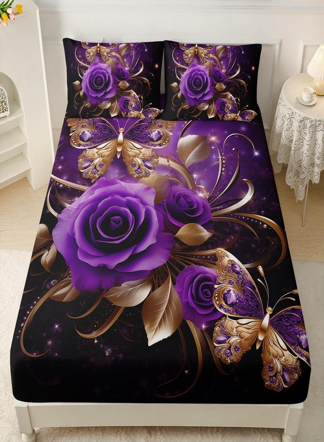 AILONEN Girls Rose Fitted Sheet Set Queen Size,Gold Purple Rose Butterfly Bed Sheet Set for Women,Modern Print Romantic Floral Fitted Sheet with 2 Pillowcases,3 Pieces - Image 1