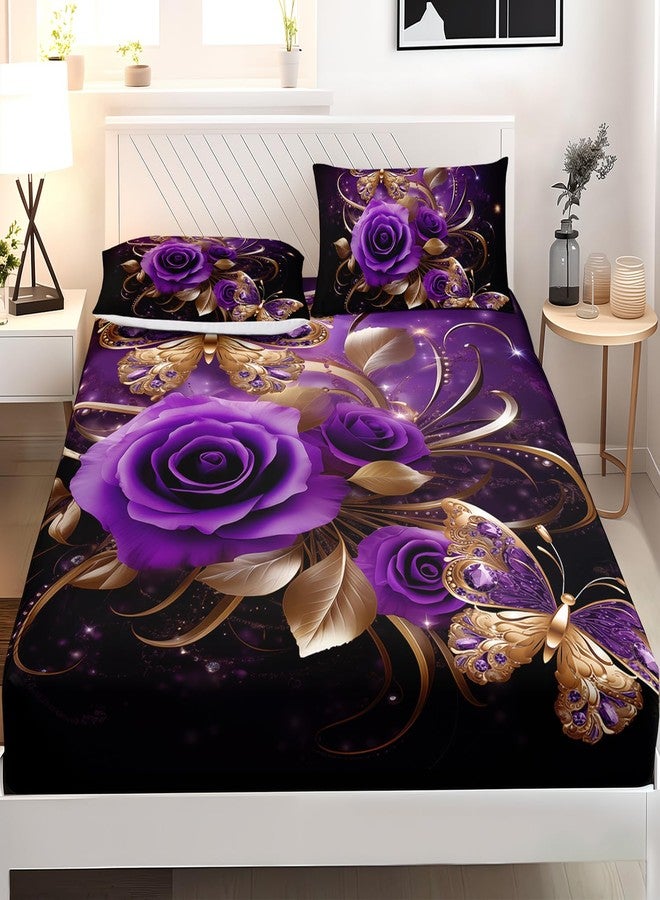 AILONEN Girls Rose Fitted Sheet Set Queen Size,Gold Purple Rose Butterfly Bed Sheet Set for Women,Modern Print Romantic Floral Fitted Sheet with 2 Pillowcases,3 Pieces - Image 2