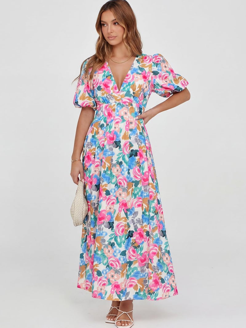 Maxigerui Women's Summer Floral Maxi Dress Spring Wedding Guest Dress 2026 Rose Pink Floral Print M - Image 5
