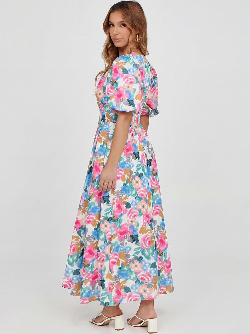 Maxigerui Women's Summer Floral Maxi Dress Spring Wedding Guest Dress 2026 Rose Pink Floral Print M - Image 3
