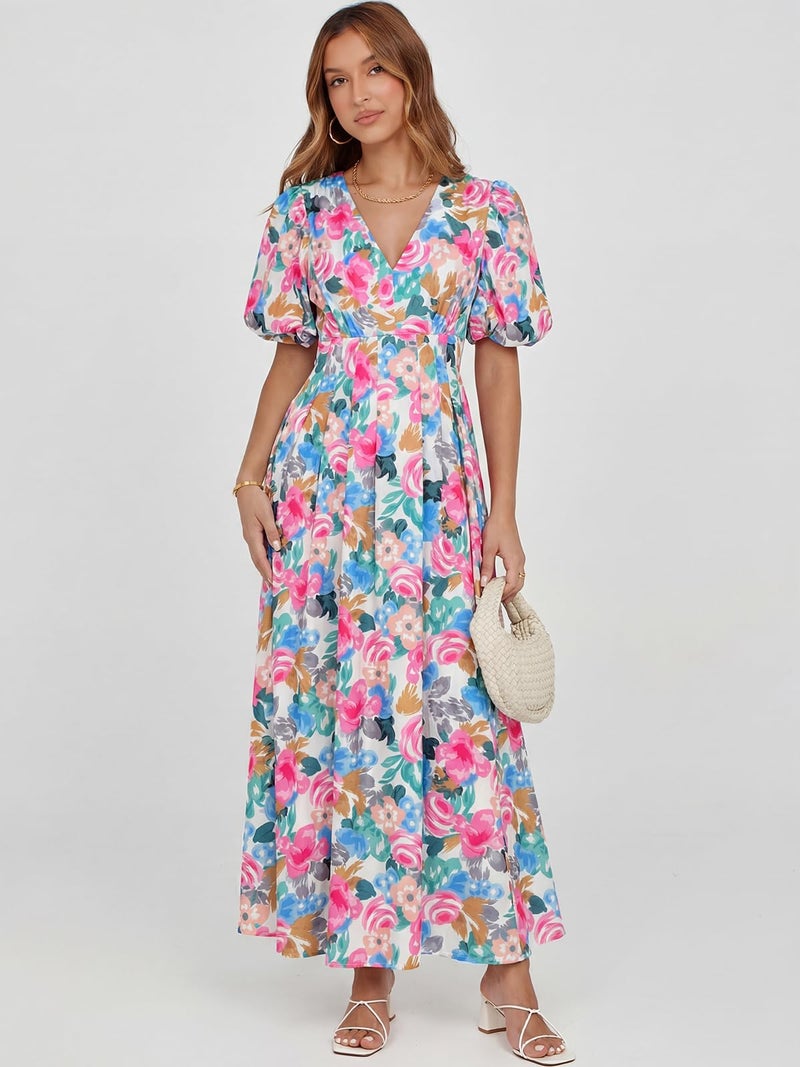 Maxigerui Women's Summer Floral Maxi Dress Spring Wedding Guest Dress 2026 Rose Pink Floral Print M - Image 4