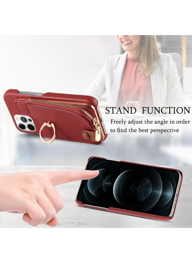 Zaboon Case For iPhone 12 Pro Litchi Leather Oil Edge Ring Zipper Wallet Back Phone Case - Image 5