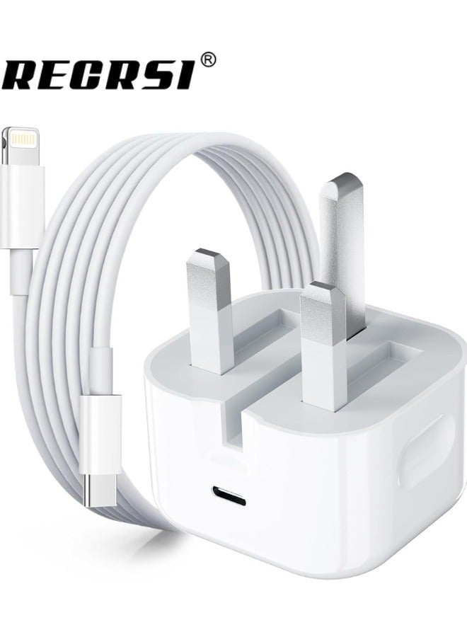 ريكرسي رأس شاحن Recrsi 35W USB C مع كابل بيانات من النوع C إلى Lightning - شاحن USB-C PD من Mains UK - قابس شحن سريع من النوع C - قابس USBC شحن سريع - متوافق مع iPhone 15 15 Pro 14 13 12 SE 3 iPad Air 5 iPad Mini 6. - Image 1