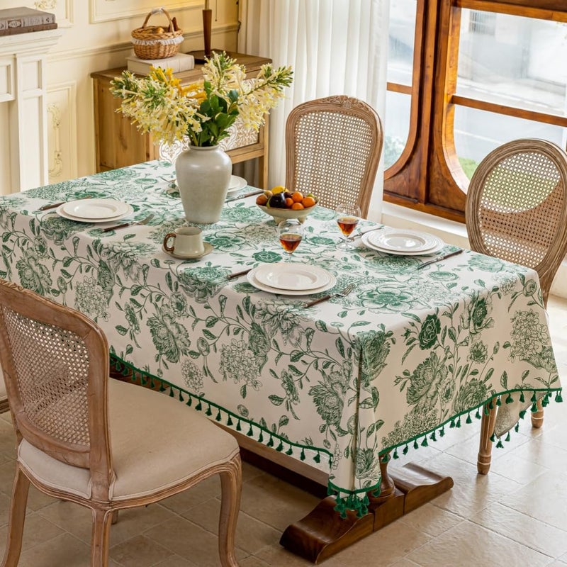 F-CHU Boho Tassel Tablecloth Cotton Linen Floral Tablecloths for Dining Room, Indoor and Dining Table Covers Home Decor, Rectangular Tablecloth 60 x 86 inches,Green - Image 2