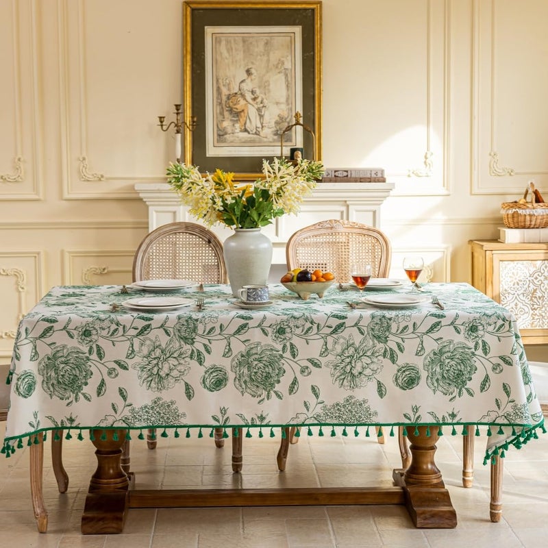 F-CHU Boho Tassel Tablecloth Cotton Linen Floral Tablecloths for Dining Room, Indoor and Dining Table Covers Home Decor, Rectangular Tablecloth 60 x 86 inches,Green - Image 5
