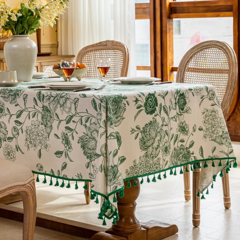 F-CHU Boho Tassel Tablecloth Cotton Linen Floral Tablecloths for Dining Room, Indoor and Dining Table Covers Home Decor, Rectangular Tablecloth 60 x 86 inches,Green - Image 1