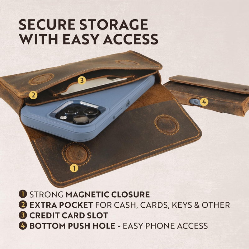 Moonster Leather Phone Holster Belt Clip Style for Men â€“ Holsters Pouch â€“ Horizontal Holder for Belt with Magnet Closure â€“ Leather Phone for Belt - Image 4