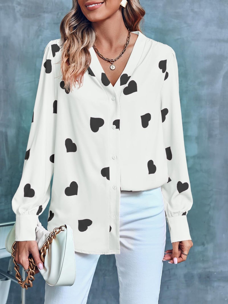Flowyair Women's V Neck Shirts Button Down Long Sleeve Heart Print Casual Work Blouses X-White - Image 3
