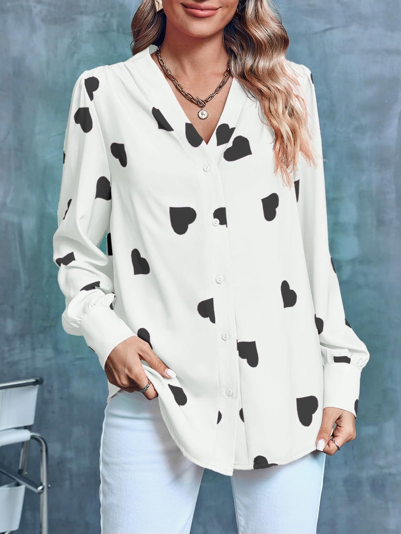 Flowyair Women's V Neck Shirts Button Down Long Sleeve Heart Print Casual Work Blouses X-White - Image 4