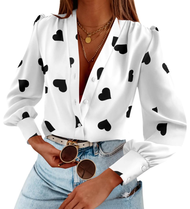 Flowyair Women's V Neck Shirts Button Down Long Sleeve Heart Print Casual Work Blouses X-White - Image 1