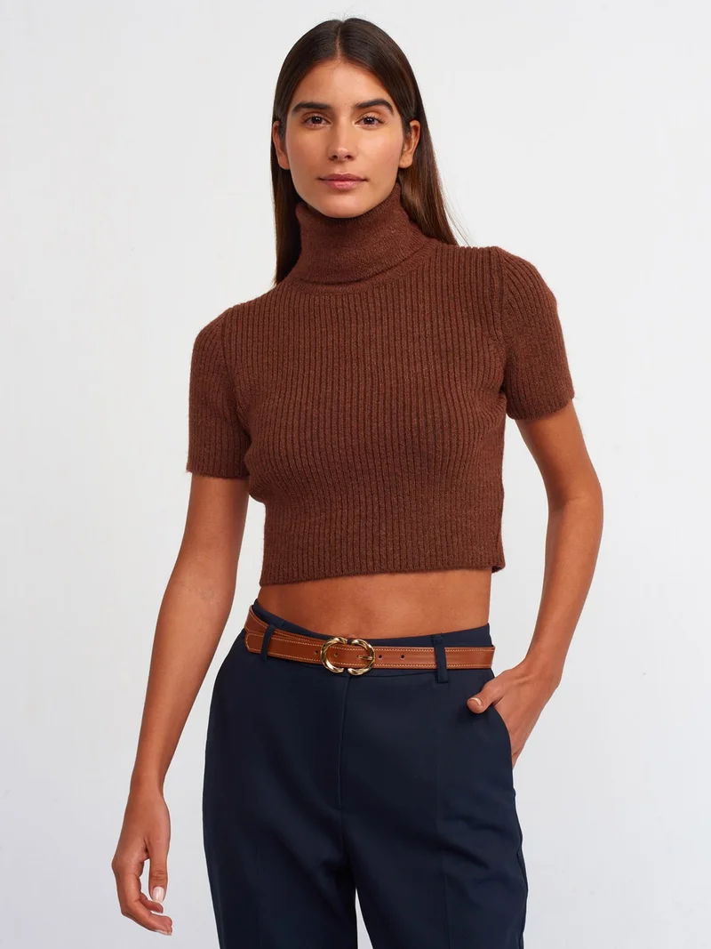 ديلفين 10487 Full Turtleneck Ribbed Short Sleeve Crop Sweater-Light Brown