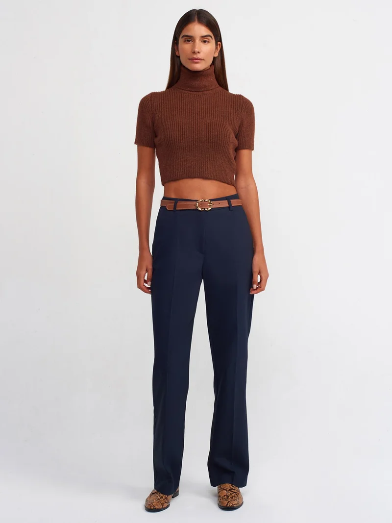 ديلفين 10487 Full Turtleneck Ribbed Short Sleeve Crop Sweater-Light Brown