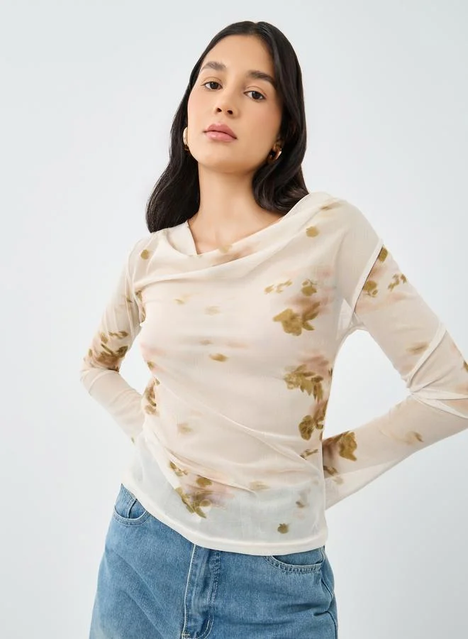 ستايلي بلوزة بياقة متدلية بطبعة زهور ستايلي