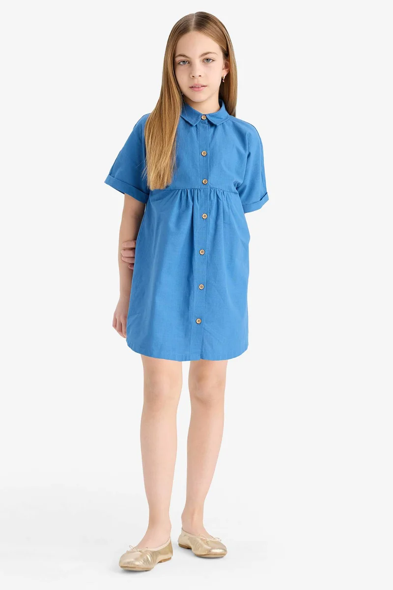 ديفاكتو Girl Shirt Collar Cotton Short Sleeve Dress