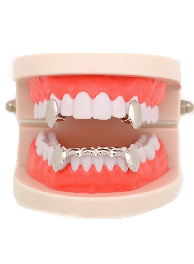 LuReen 14k Gold Vampire Dracula Teeth Grillz 2pc Single Fangs and 6 Bottom Grillz Set for Halloween Costume Cosplay, Brass, 14K gold - Image 3