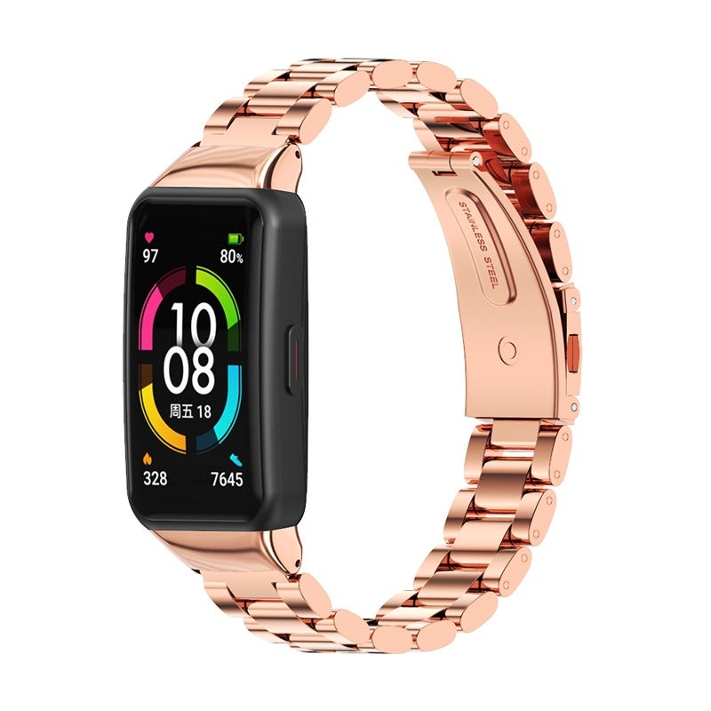 erorex For Huawei Band 6 / Honor Band 6 / 7 Three Strains Stainless Steel Metal Buckle Watch Band(Rose Gold) - Image 2