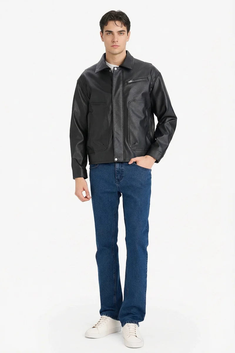 Defacto Oversize Fit Shirt Collar Zip-Up Faux Leather Jacket