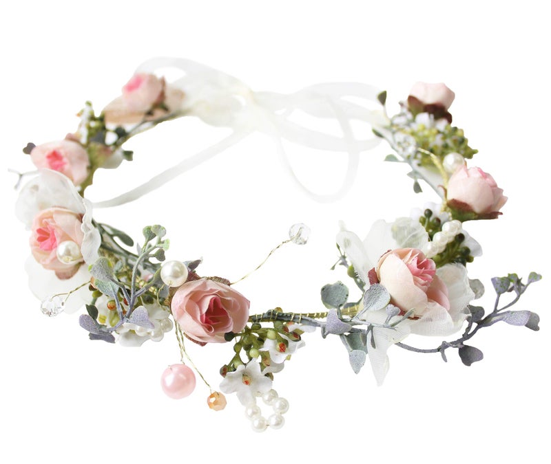 LLinfflr Pearl Flower Crown Floral Garland Headband Flower Halo Headpiece Hair Wreath Boho Photos Wedding Pink