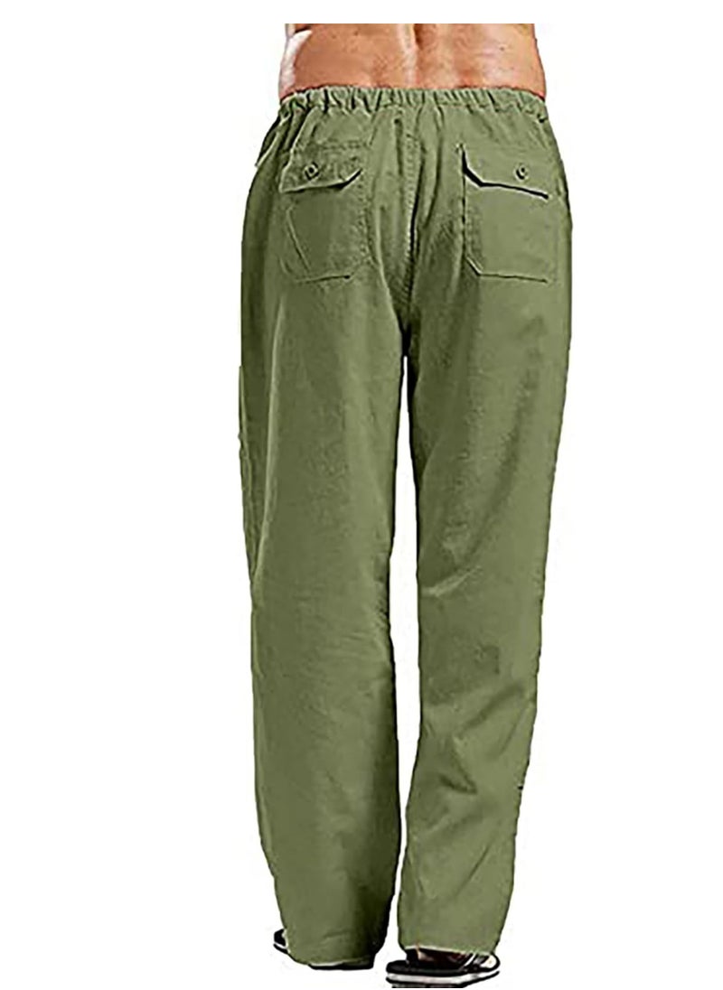 Generic - Men's Cotton Linen Pants Loose Fit Casual Yoga Pants Drawstring Elastic Waist Straight Legs Pants - Image 1