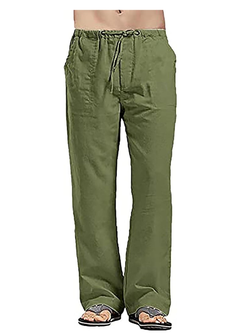 Generic - Men's Cotton Linen Pants Loose Fit Casual Yoga Pants Drawstring Elastic Waist Straight Legs Pants - Image 1