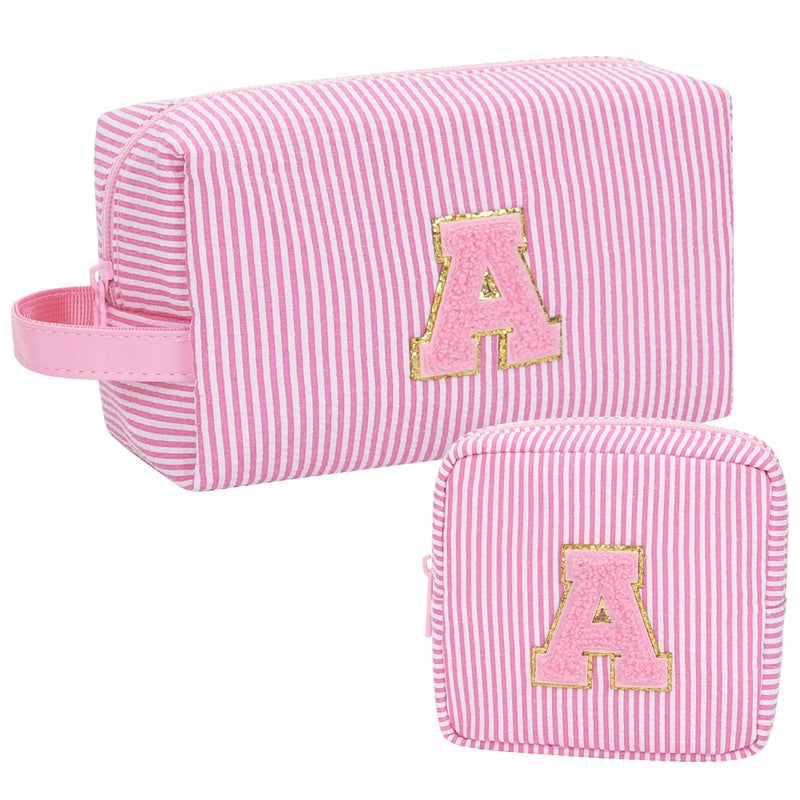 MONSTINA Initial Makeup Bag,Monogram Pouch Personalized Cosmetic Bag for Girls&Women,Cute Letter Make Up Bag, Valentine's Gifts for Teens-Pink A - Image 1