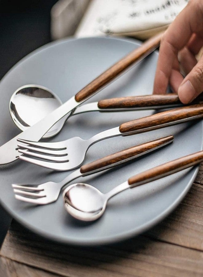 KOOSHLO Spoon with Wooden Handle,Steel Flatware Set,Set for 5 Including Forks Spoons Knives,Utensil Set for Home and Restaurant,Hand Wash Recommended. (Silver) - Image 2