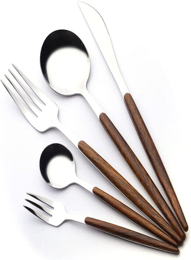 KOOSHLO Spoon with Wooden Handle,Steel Flatware Set,Set for 5 Including Forks Spoons Knives,Utensil Set for Home and Restaurant,Hand Wash Recommended. (Silver) - Image 1