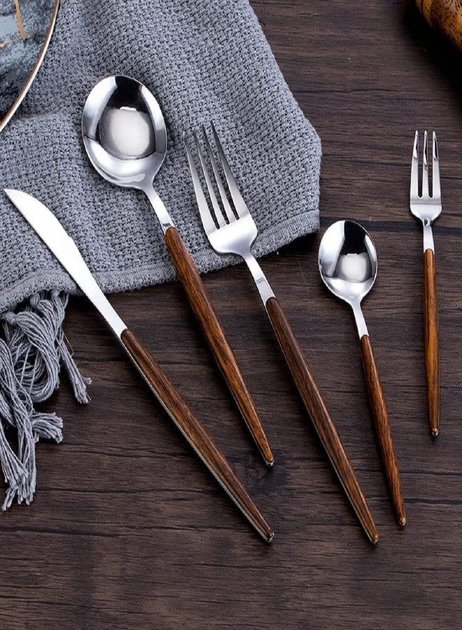 KOOSHLO Spoon with Wooden Handle,Steel Flatware Set,Set for 5 Including Forks Spoons Knives,Utensil Set for Home and Restaurant,Hand Wash Recommended. (Silver) - Image 5