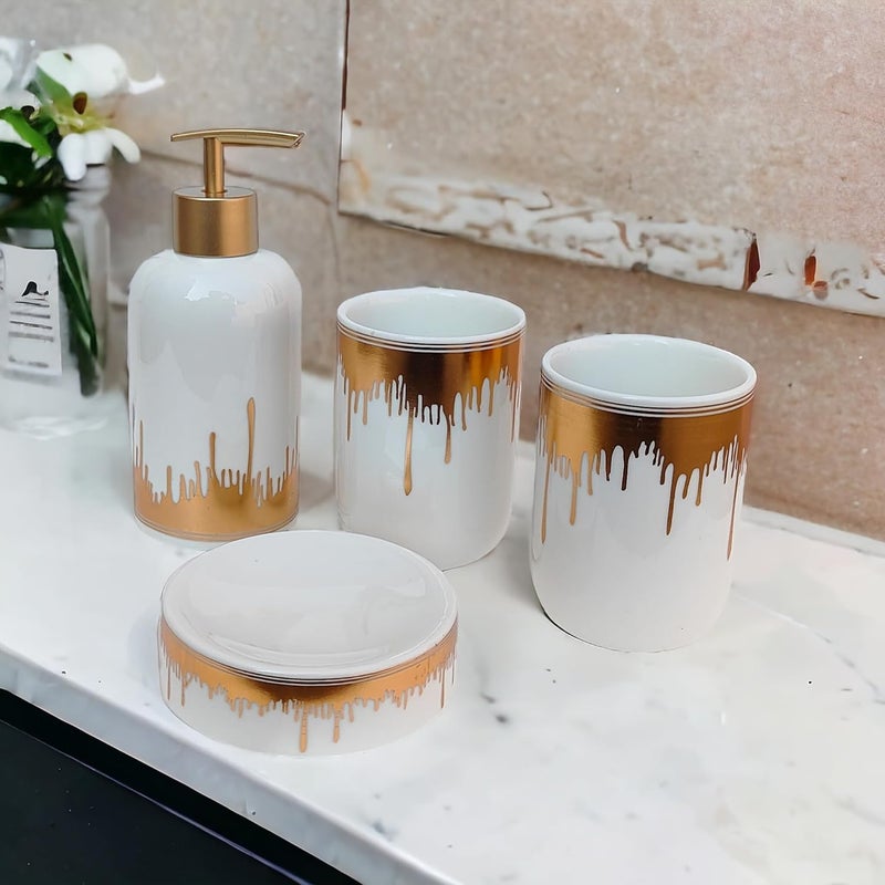 Whizzo Moden Design Luxury Bathroom Accessories Set Ceramic Including 4 Piece Bathroom Accessories Set Soap Dispenser Toothbrush Holder Tumbler Soap Dish White - Image 2