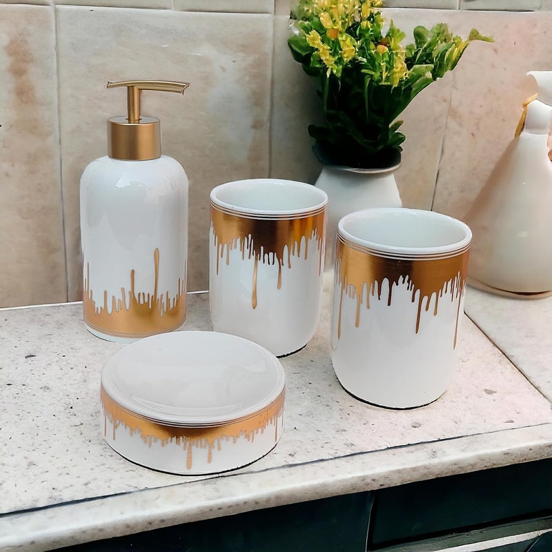 Whizzo Moden Design Luxury Bathroom Accessories Set Ceramic Including 4 Piece Bathroom Accessories Set Soap Dispenser Toothbrush Holder Tumbler Soap Dish White - Image 5