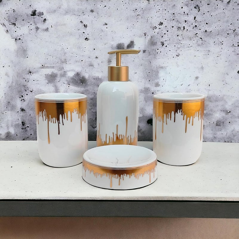 Whizzo Moden Design Luxury Bathroom Accessories Set Ceramic Including 4 Piece Bathroom Accessories Set Soap Dispenser Toothbrush Holder Tumbler Soap Dish White - Image 4