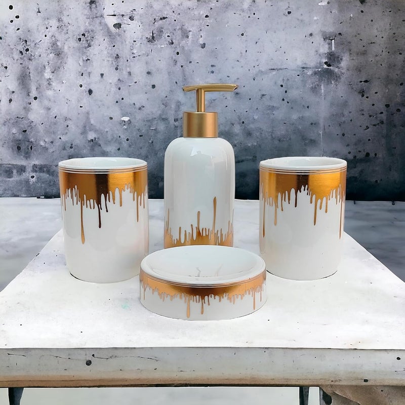 Whizzo Moden Design Luxury Bathroom Accessories Set Ceramic Including 4 Piece Bathroom Accessories Set Soap Dispenser Toothbrush Holder Tumbler Soap Dish White - Image 1