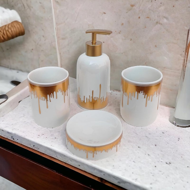 Whizzo Moden Design Luxury Bathroom Accessories Set Ceramic Including 4 Piece Bathroom Accessories Set Soap Dispenser Toothbrush Holder Tumbler Soap Dish White - Image 3