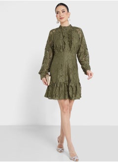 High Neck Lace Openwork Detail Dress