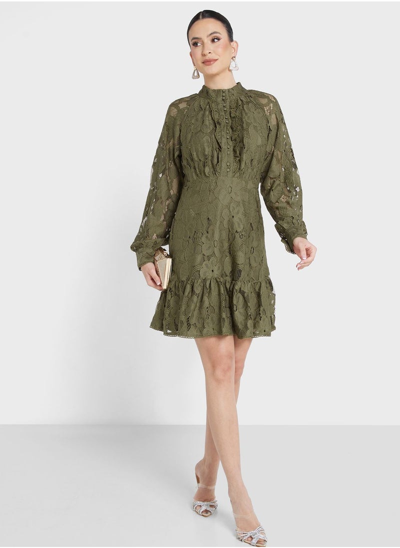 YAS - High Neck Lace Openwork Detail Dress - Image 1
