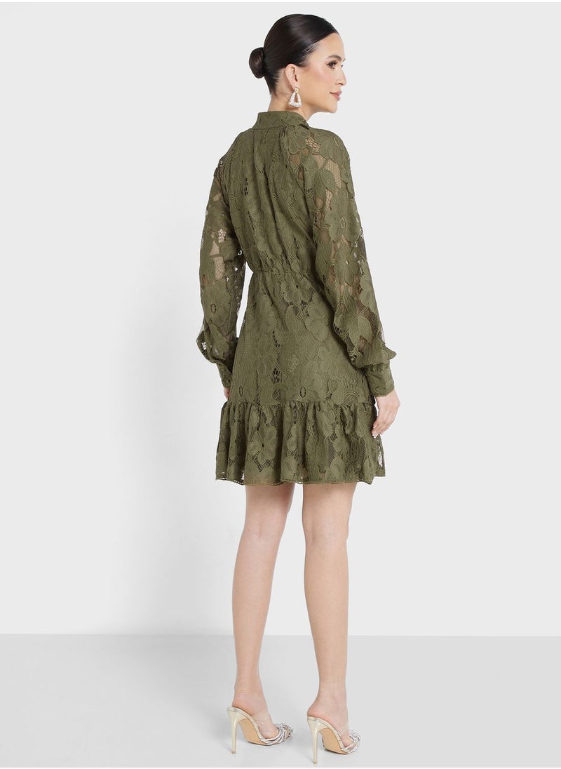 YAS - High Neck Lace Openwork Detail Dress - Image 1
