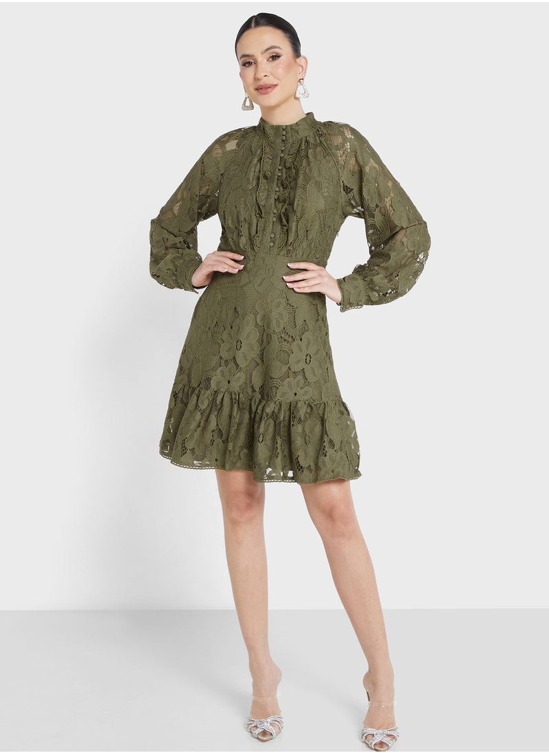 YAS - High Neck Lace Openwork Detail Dress - Image 1