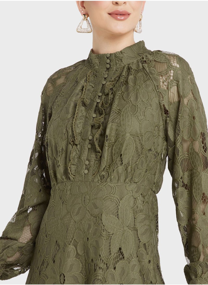 YAS - High Neck Lace Openwork Detail Dress - Image 1