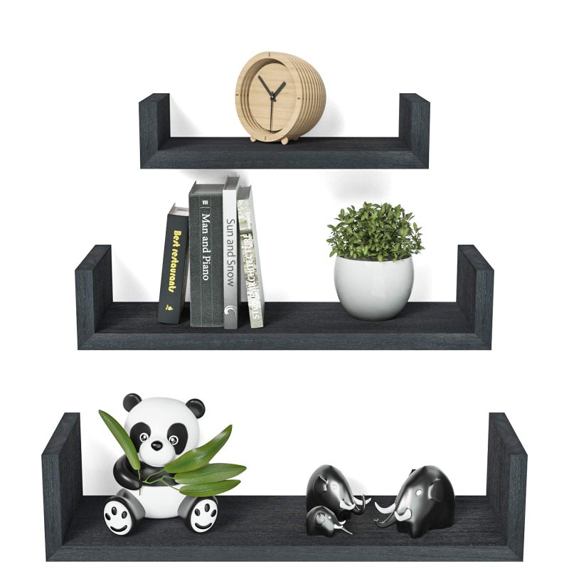 SRIWATANA Floating Shelves Wall Mounted Set of 3 Solid Wood Wall Shelves for Bedroom Living Room Bathroom Kitchen Office and moreBlack