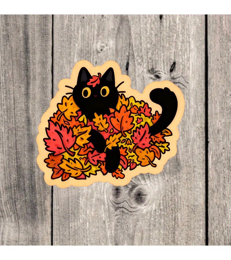 Autumn Cat Vinyl Sticker 1pc Humorous Black Cat Among Leaves for Water Bottle Laptop Decals - Image 1