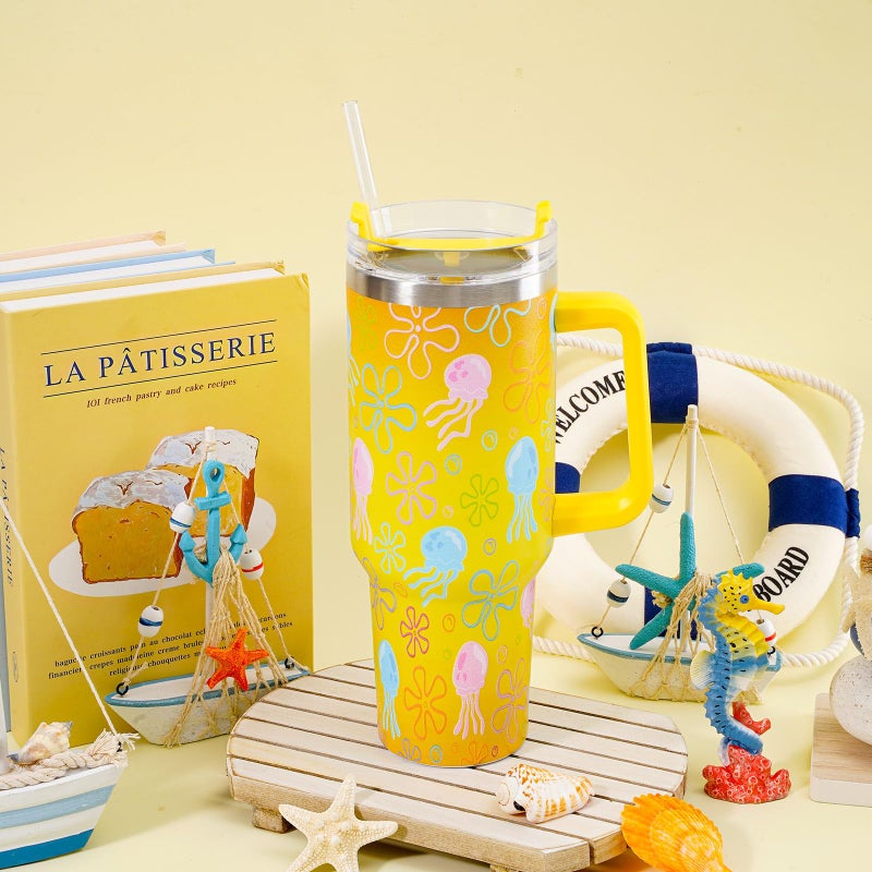 Whaline 40oz Cartoon Sponge Tumbler with Handle Straw and Lid Ocean Themed Travel Tumbler Flower Bubble Jellyfish Coffee Cup for Friend Holiday Birthday Party Favors - Image 5