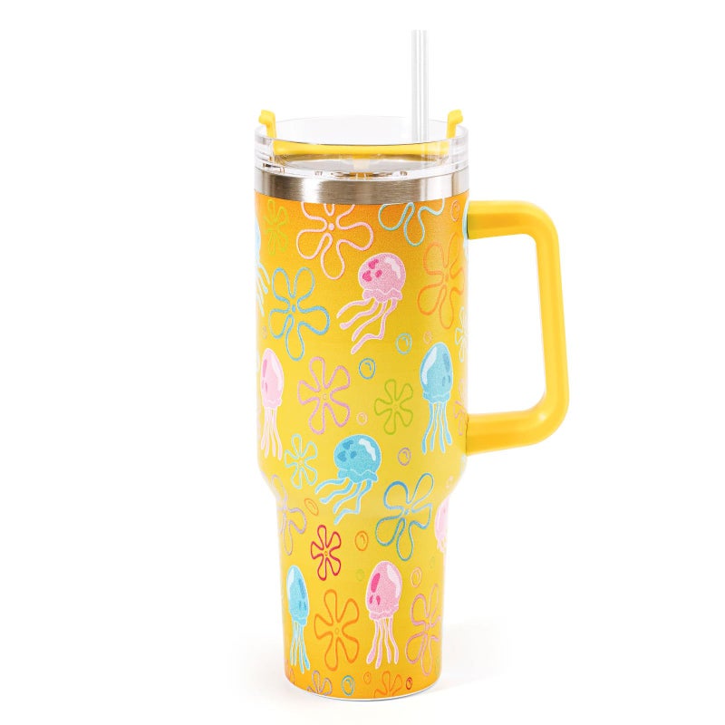 Whaline 40oz Cartoon Sponge Tumbler with Handle Straw and Lid Ocean Themed Travel Tumbler Flower Bubble Jellyfish Coffee Cup for Friend Holiday Birthday Party Favors - Image 1
