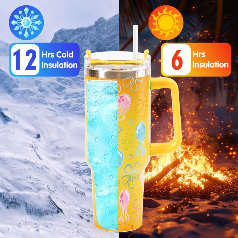 Whaline 40oz Cartoon Sponge Tumbler with Handle Straw and Lid Ocean Themed Travel Tumbler Flower Bubble Jellyfish Coffee Cup for Friend Holiday Birthday Party Favors - Image 4